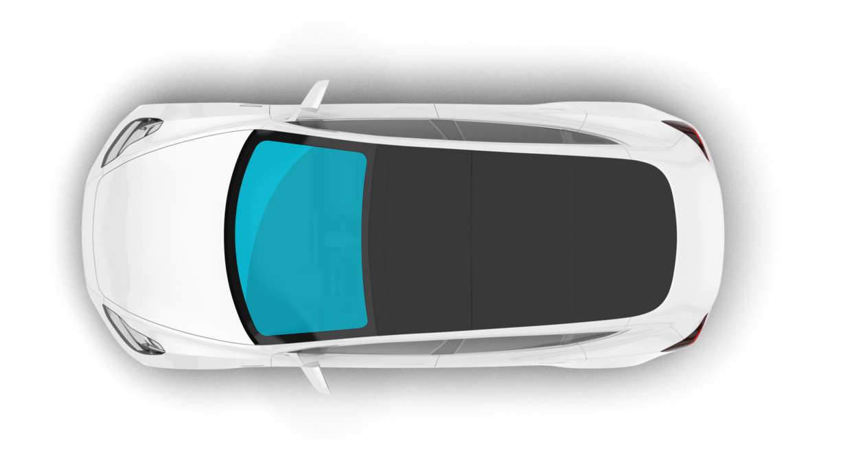 An aerial view of a white car with blue windows on a white background.