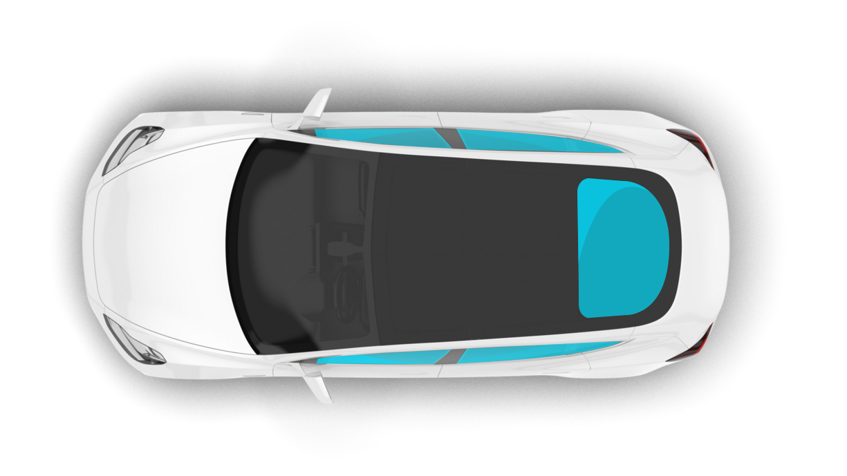An aerial view of a white car with blue windows on a white background.