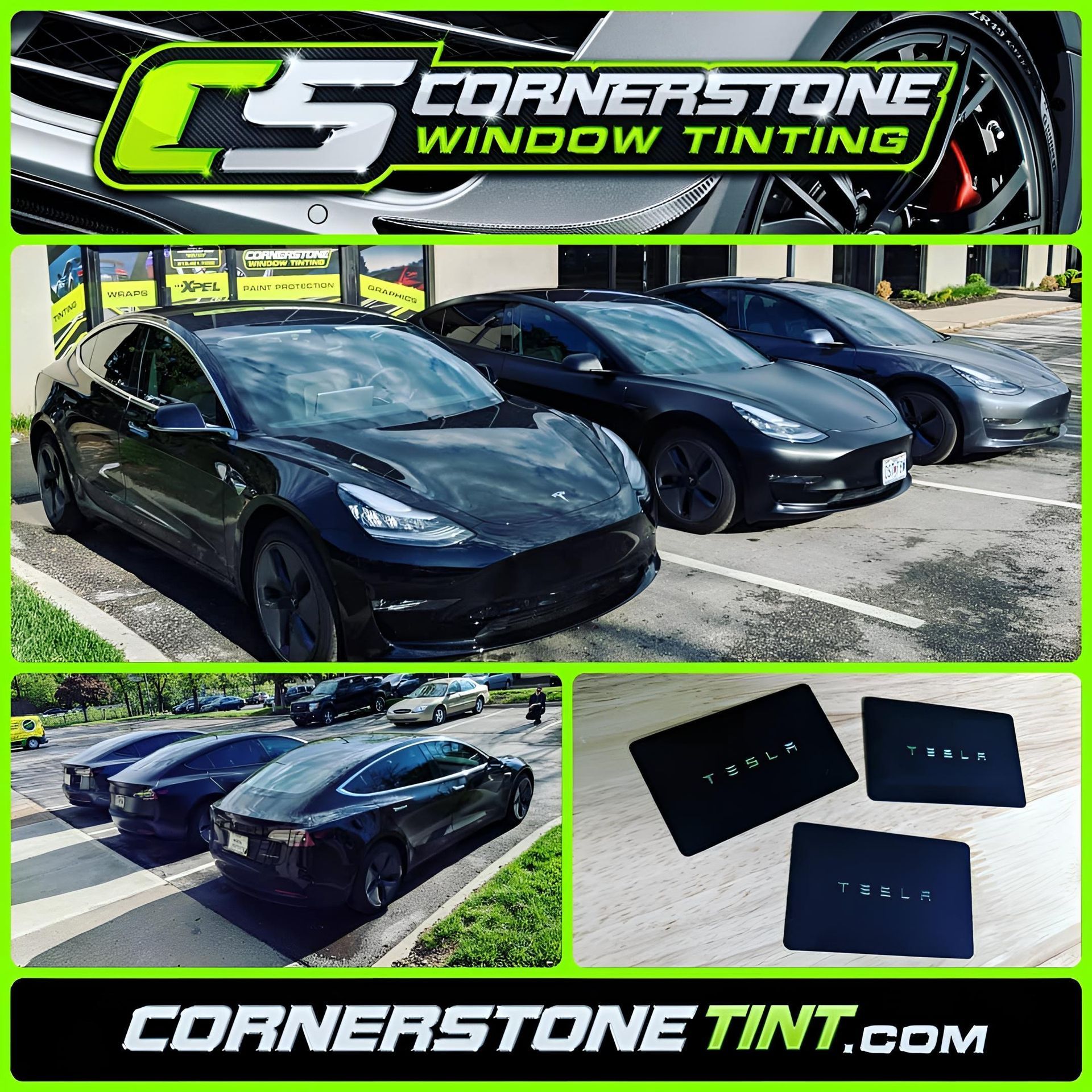 A row of tesla cars are parked in a parking lot.