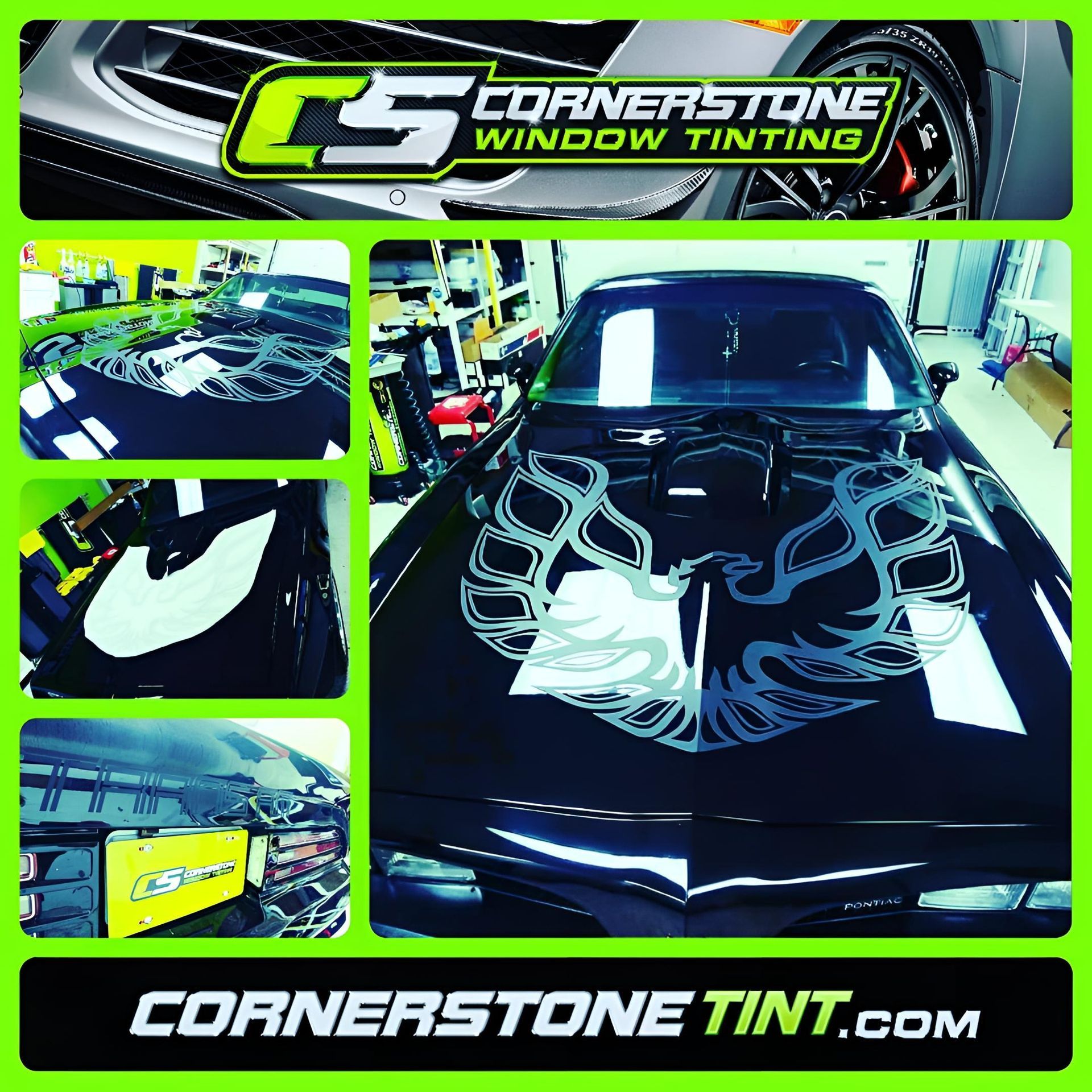 A black car is being tinted by cornerstone window tinting