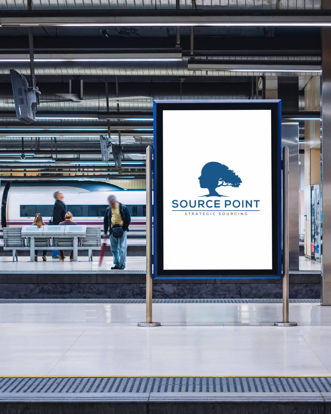 A sign at a train station that says source point