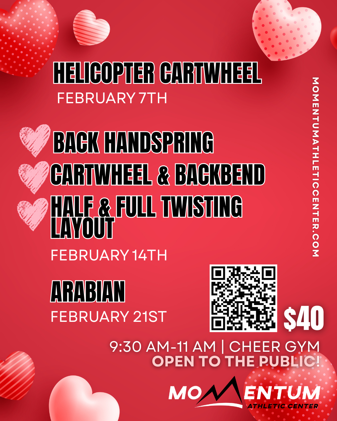 Cheer gym flyer: back handspring, walkover, and aerial clinics. Dates/times listed. Open to public. $40.