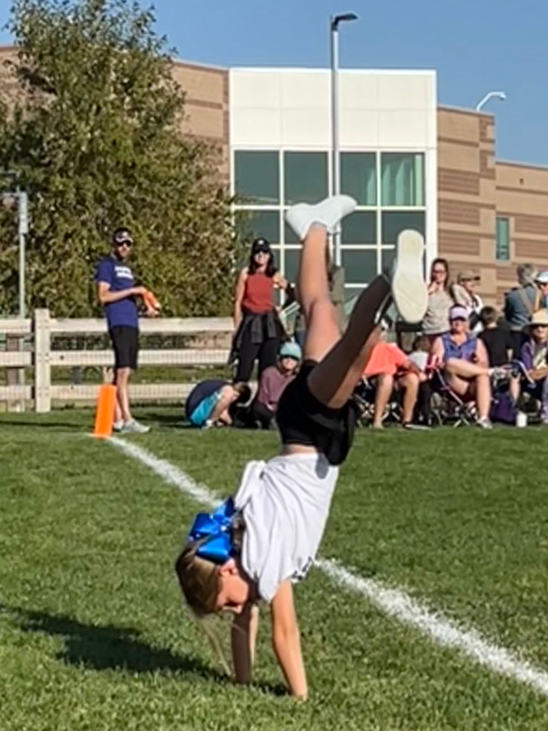 Person doing a handstand on a grassy field with a crowd watching. Bright sunny day.