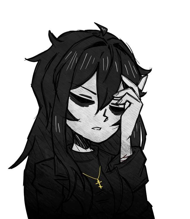 A black and white drawing of a girl covering her face with her hand.