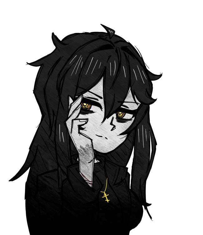 A black and white drawing of a girl with long black hair and yellow eyes.