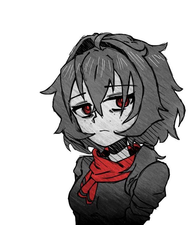 A black and white drawing of a girl with red eyes and a scarf around her neck.