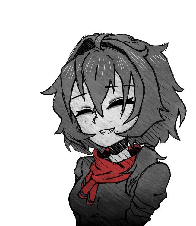 A black and white drawing of a girl with a red scarf around her neck.