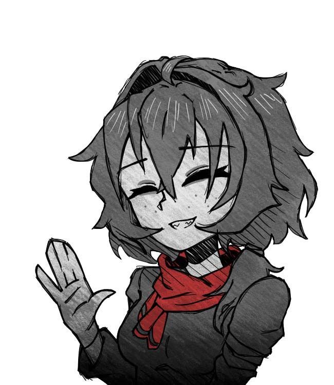 A black and white drawing of a girl with a scarf around her neck.