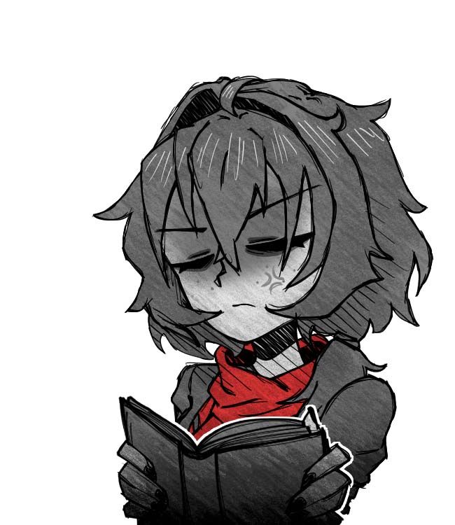 A black and white drawing of a girl reading a book.