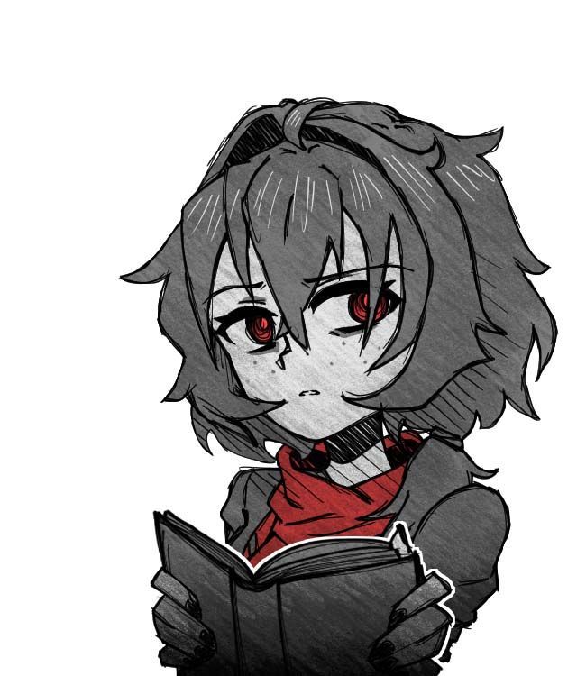 A black and white drawing of a girl reading a book.