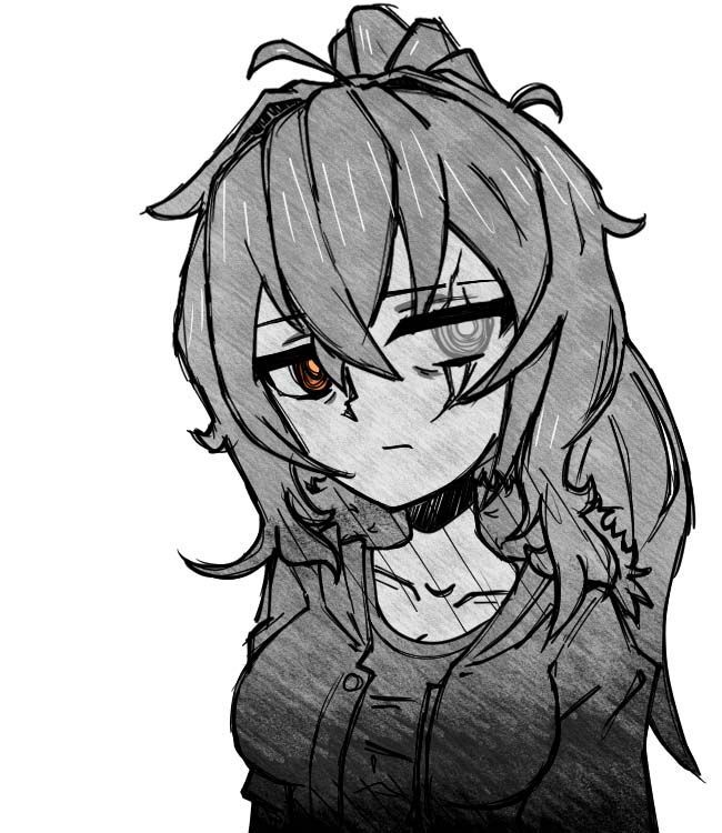 A black and white drawing of a girl with long hair and a choker.