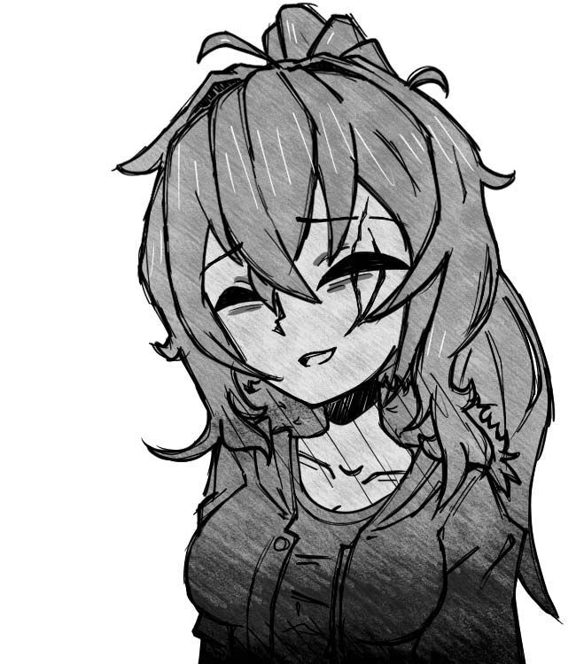 A black and white drawing of a girl with long hair and a choker.