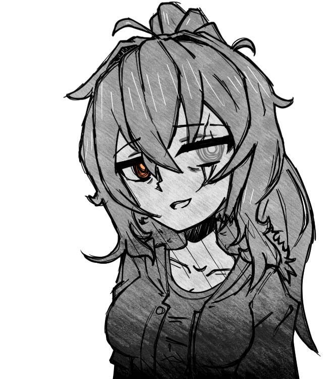 A black and white drawing of a girl with long hair and a choker.