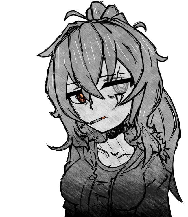 A black and white drawing of a girl with long hair and a choker.