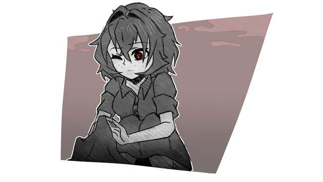 A black and white drawing of a girl with red eyes sitting down.