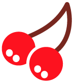 Two red cherries with white spots on a brown stem on a white background.