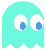 A pac man ghost with big blue eyes and a mouth.