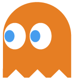 A cartoon ghost with blue eyes and a white mouth.