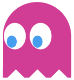 A pink ghost with blue eyes and a white mouth.