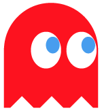 A red ghost with blue eyes and a white mouth.