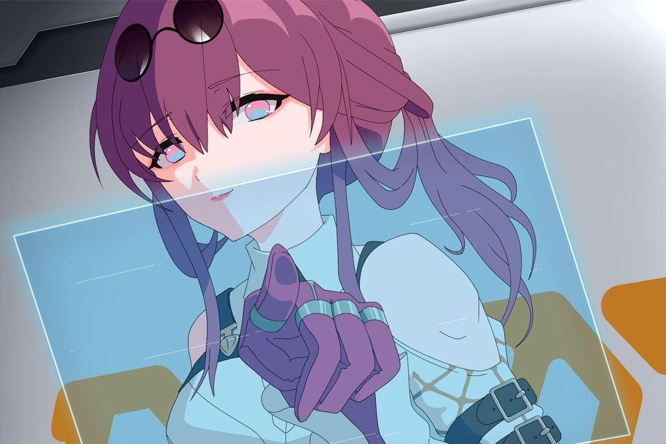 A drawing of a girl with purple hair holding a glass.