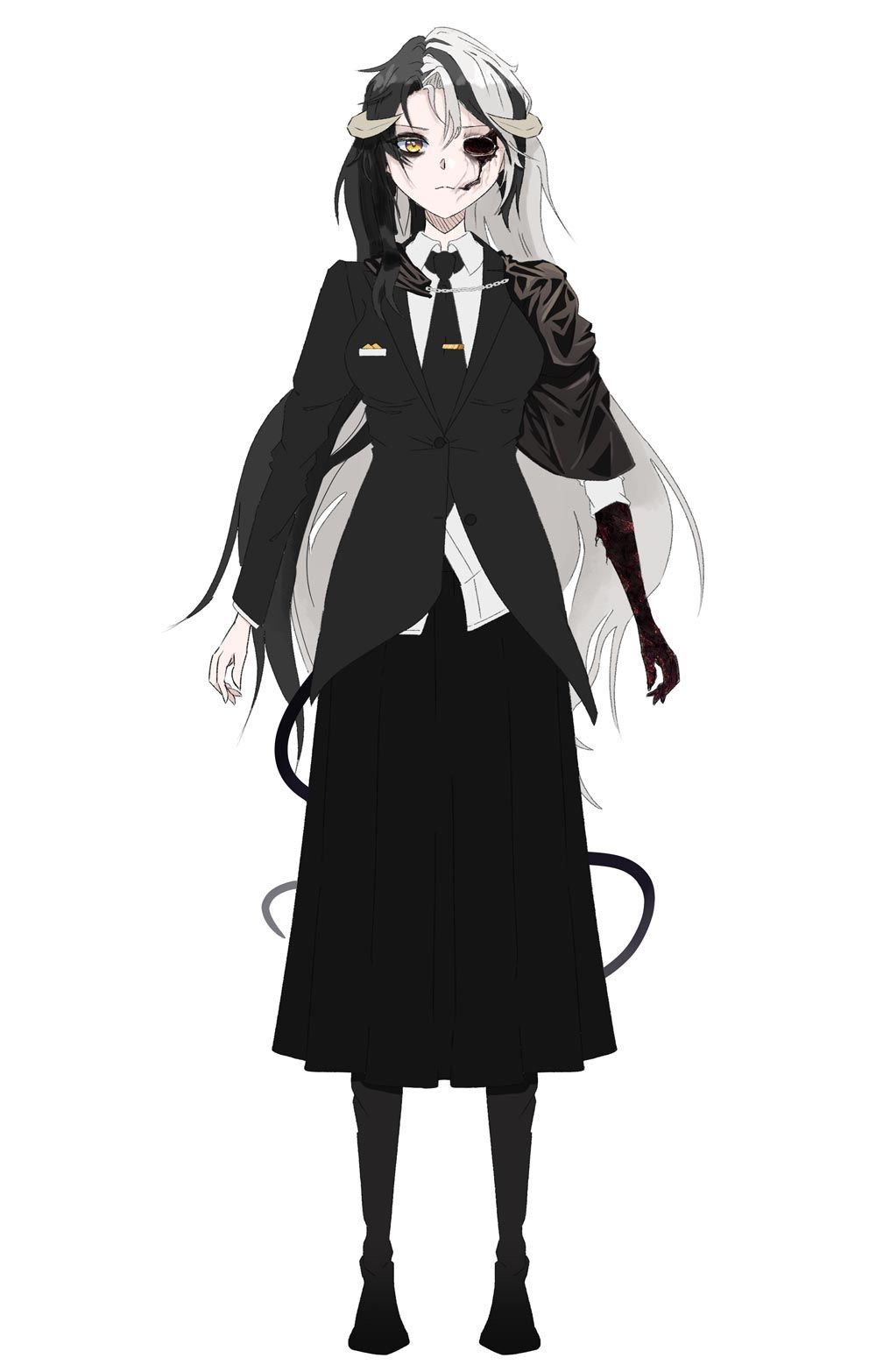 A girl in a suit and tie is standing on a white background.