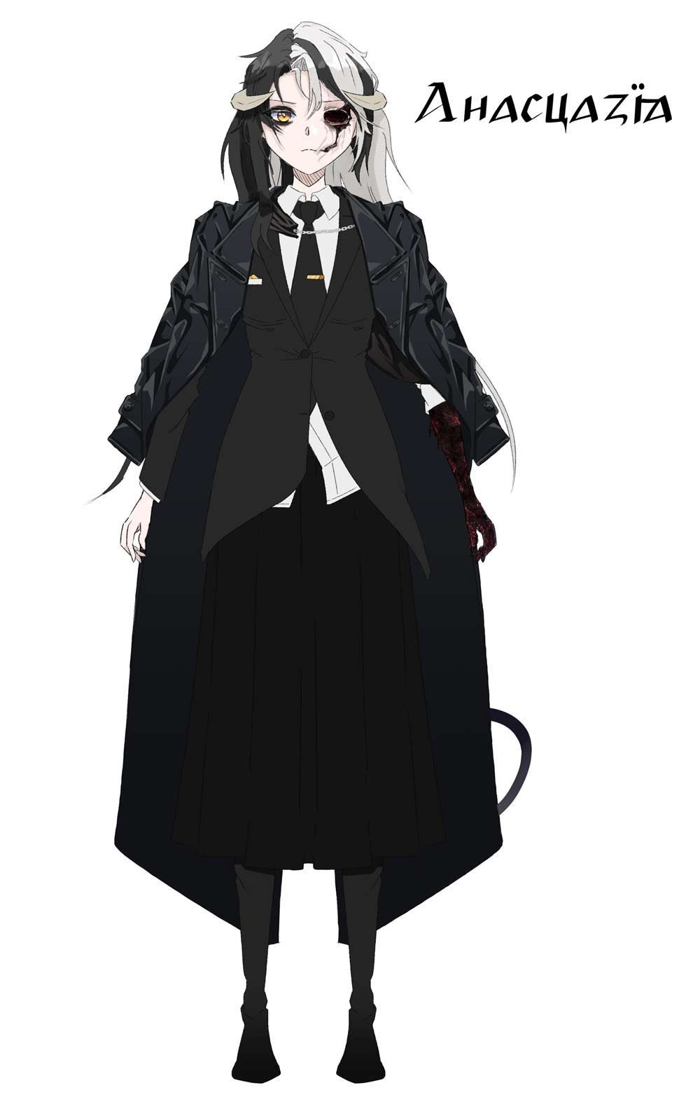 A girl in a suit and tie is standing in front of a white background.