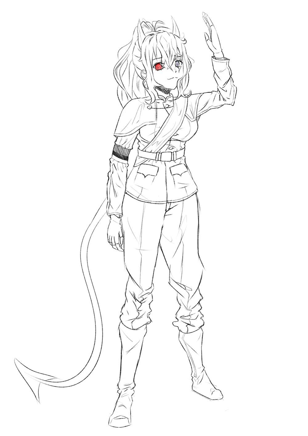 A black and white drawing of a demon girl with red eyes.