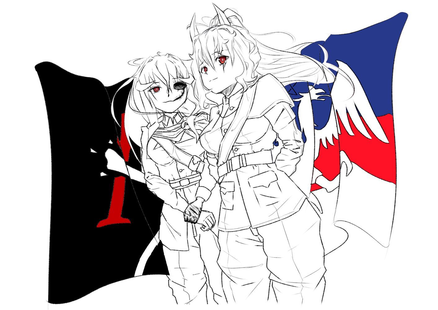 Two anime girls are standing next to each other in front of a flag.