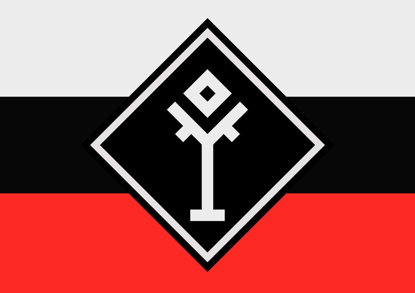 A black , white and red flag with a white symbol on it