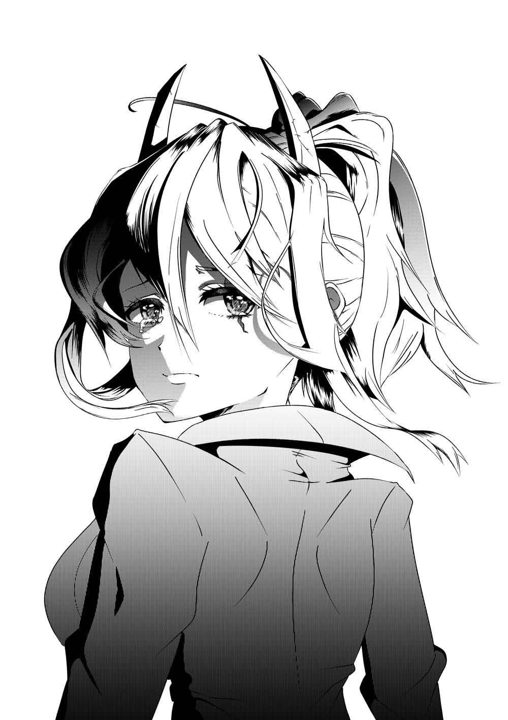 A black and white drawing of a girl with long hair and horns.