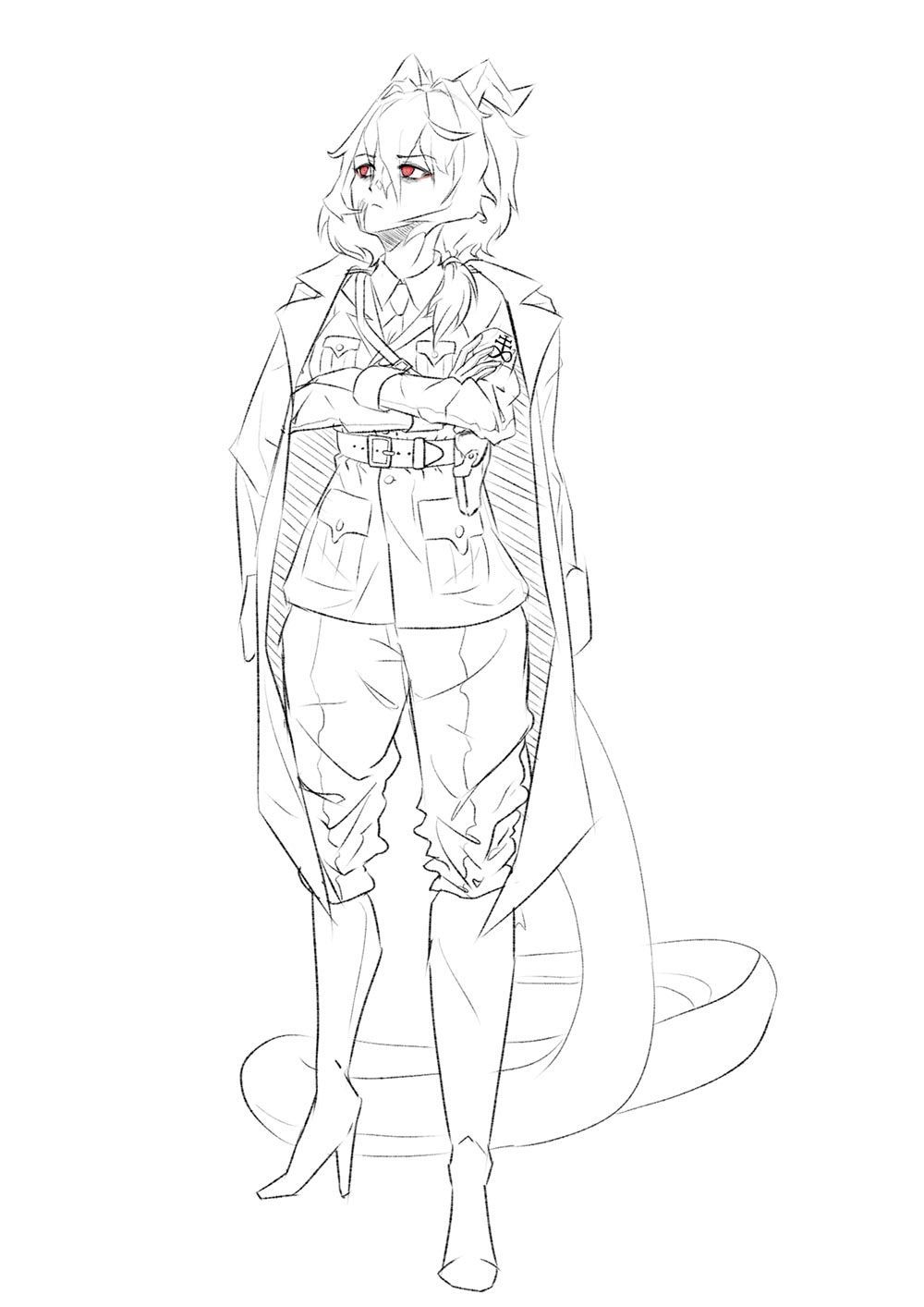 A black and white drawing of a woman standing next to a snake.