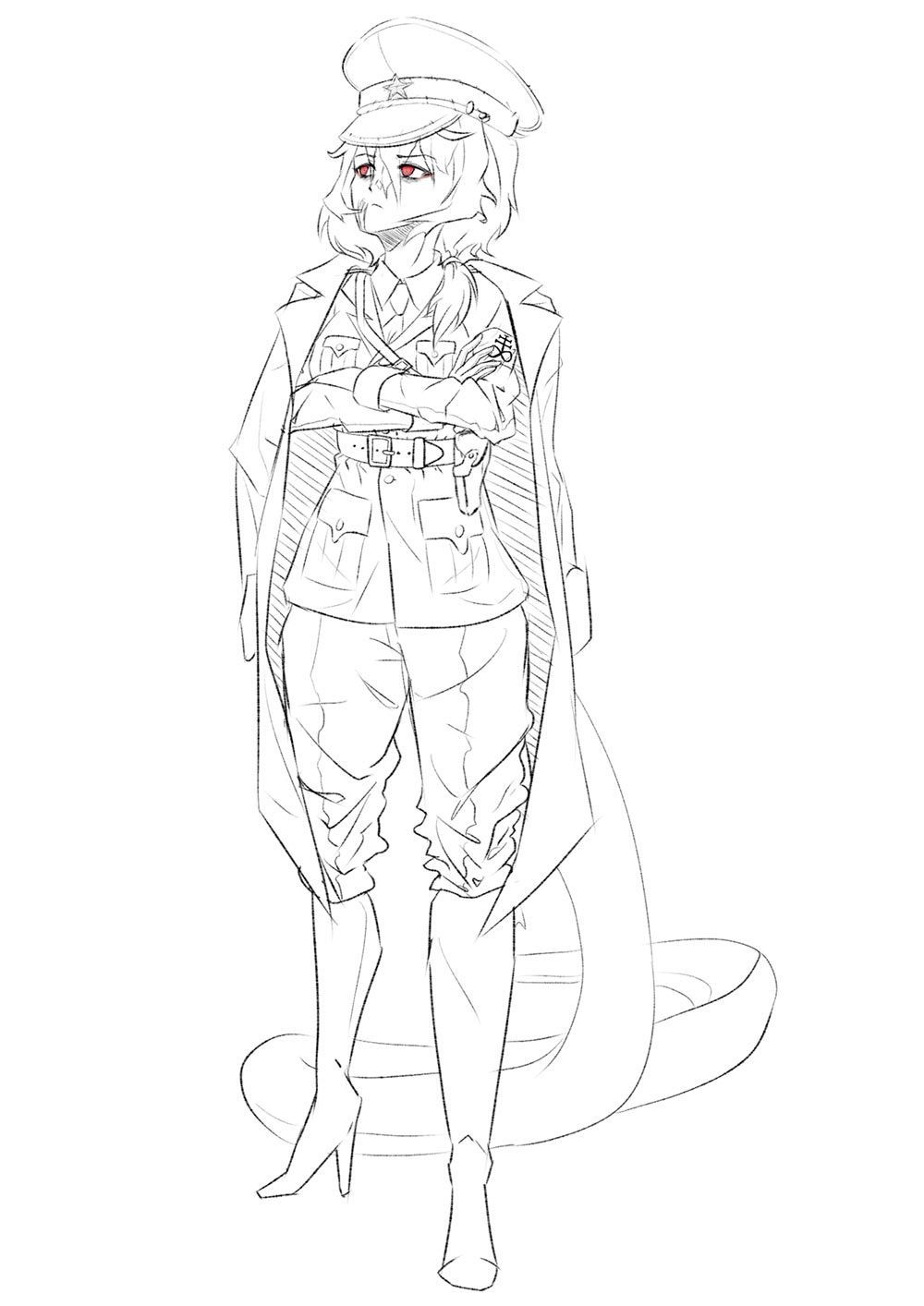 A black and white drawing of a woman in a military uniform standing next to a snake.