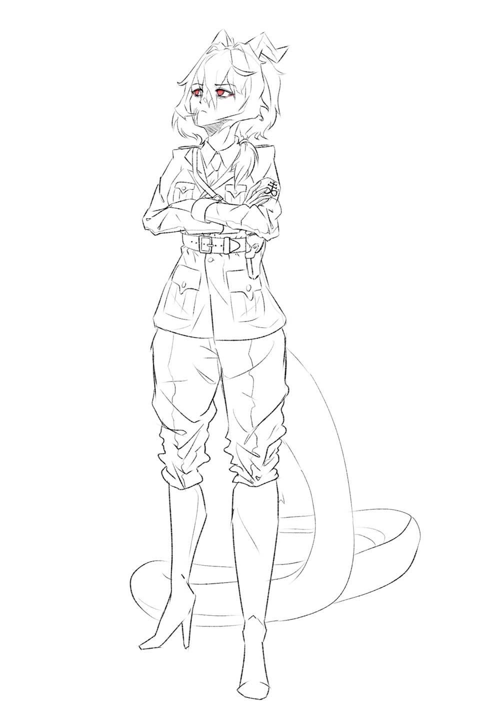 A black and white drawing of a woman standing with her arms crossed.