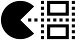 A black and white silhouette of a pac man with squares around it.