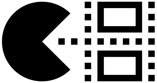 A black and white silhouette of a pac man with squares around it.