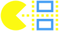 A yellow pac man icon with blue squares around it on a white background.