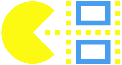 A yellow pac man icon with blue squares around it on a white background.