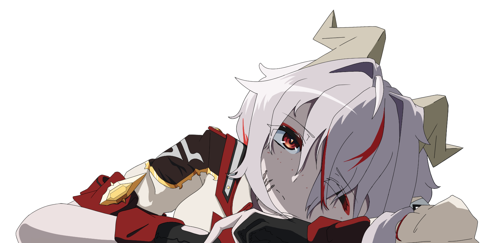 A drawing of a girl with white hair and red eyes.