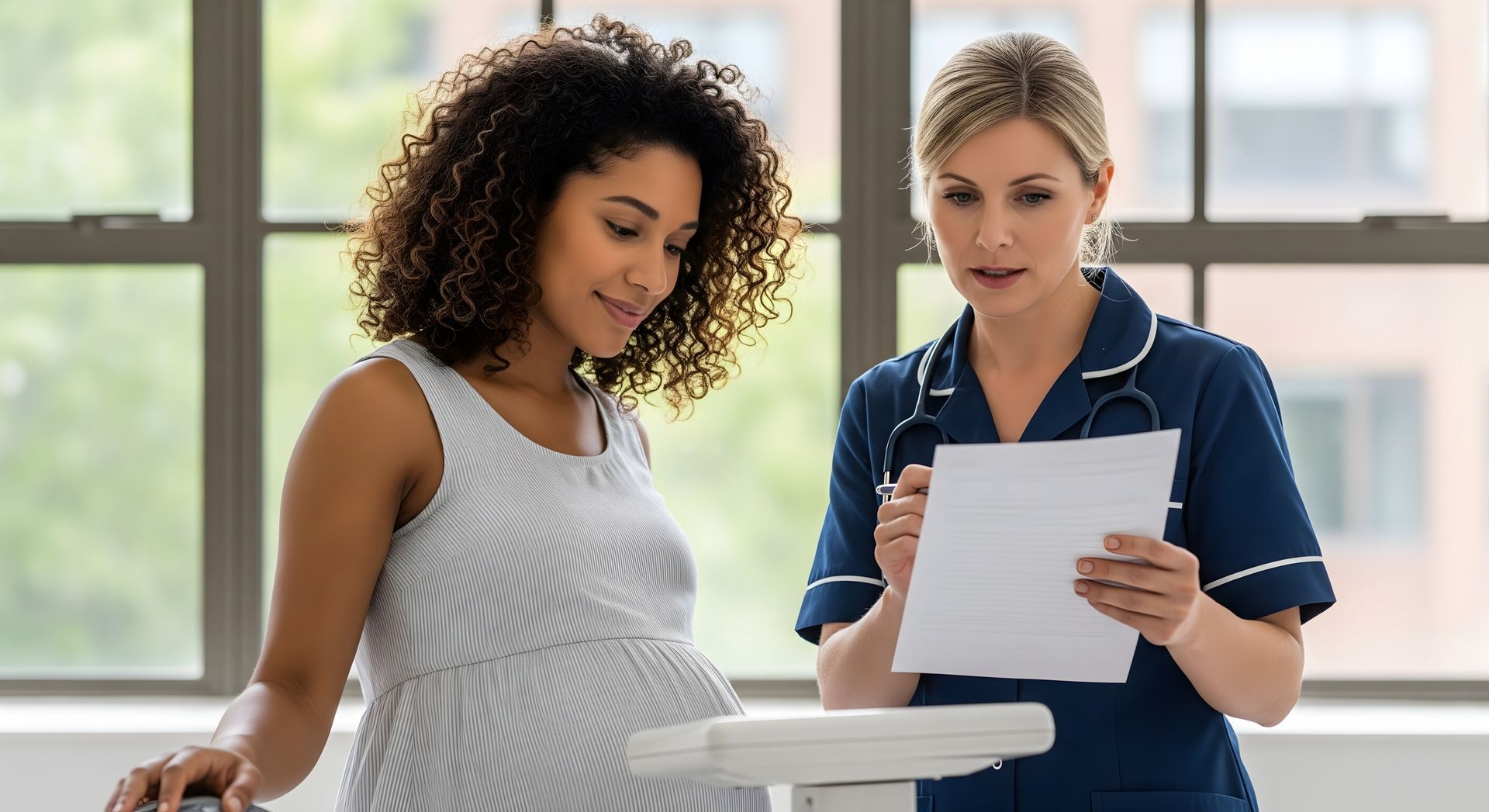 Pregnant woman examined by a doctor in a clinic room.