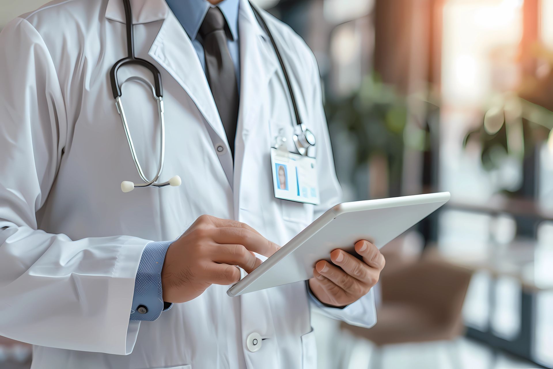 Close-up of a doctor using a tablet, standing up and inside a room.
