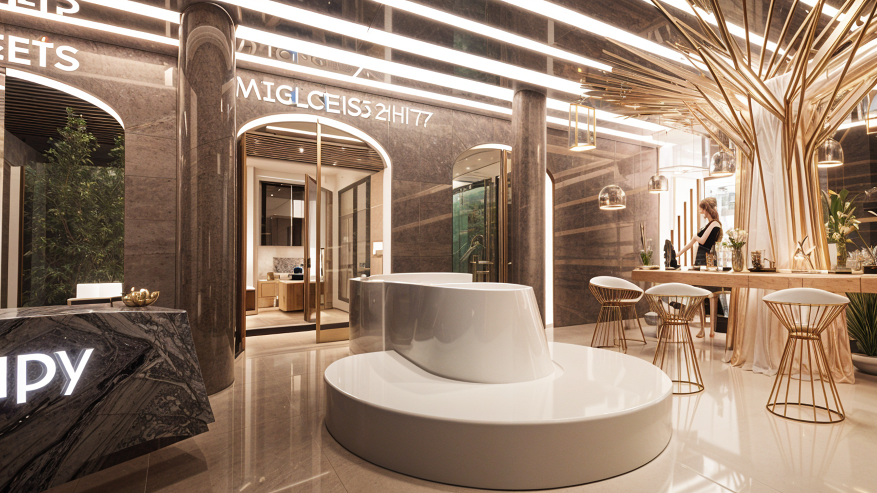 Elegant salon interior with white seating, gold accents, and a large tree sculpture.