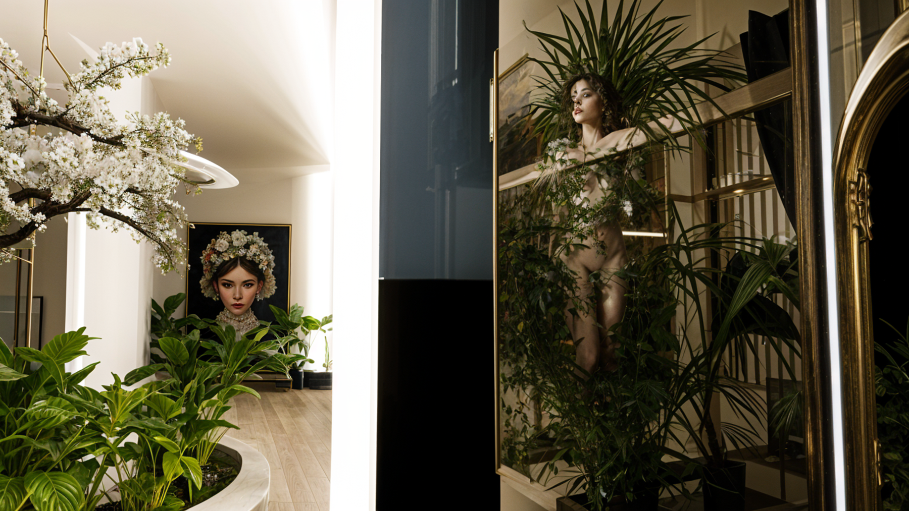 Mirrored room with floral and plant decor, reflecting a woman partially obscured by greenery.