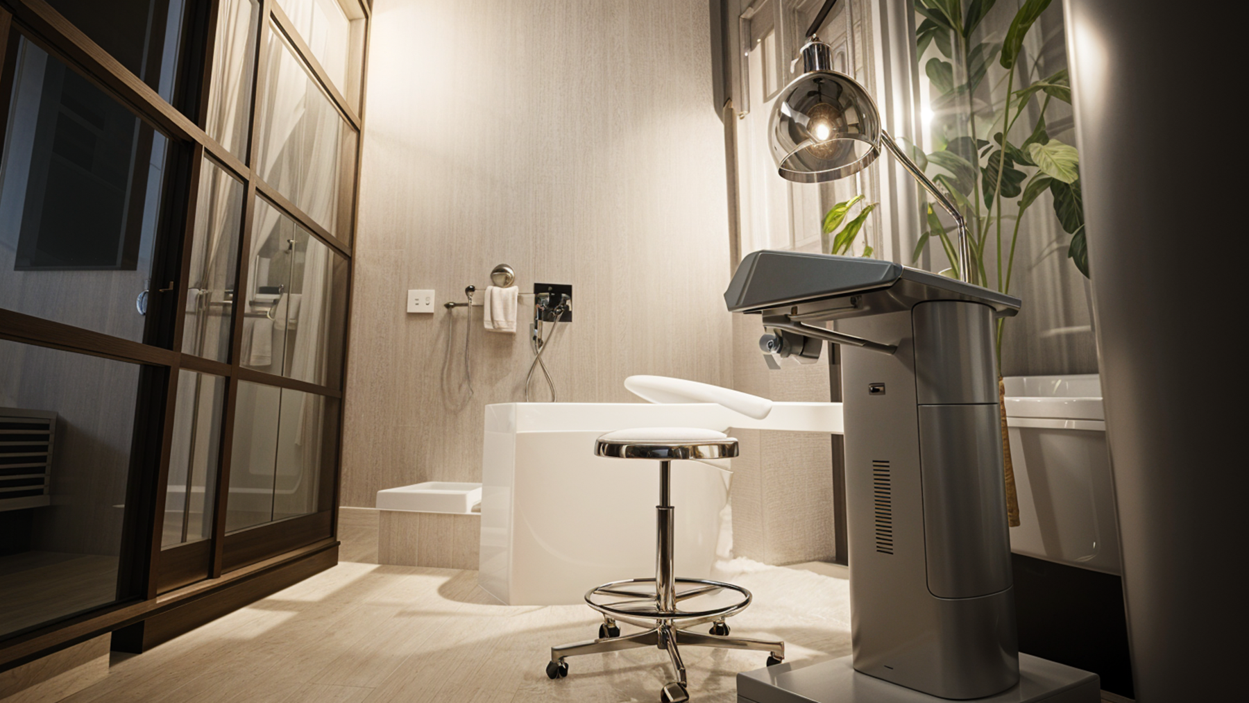 Medical exam room with examination table, stool, and equipment.