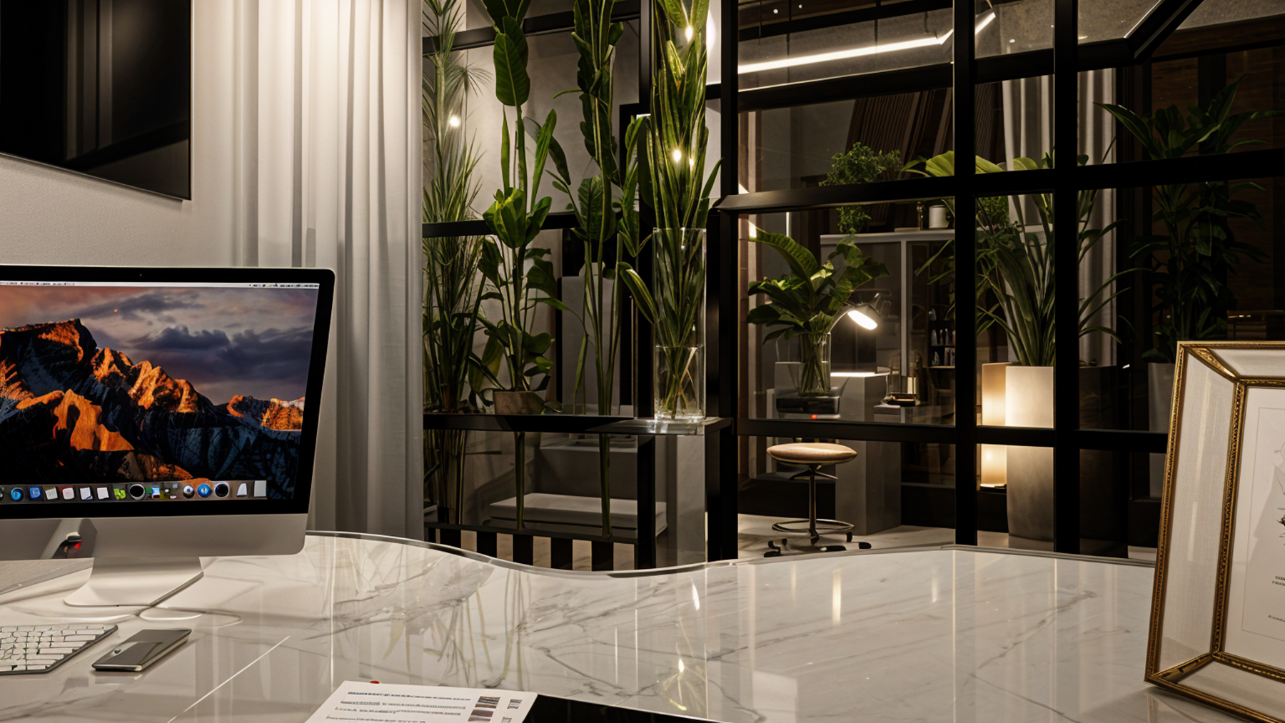 Modern office space with plants, desk, computer, and glass walls.