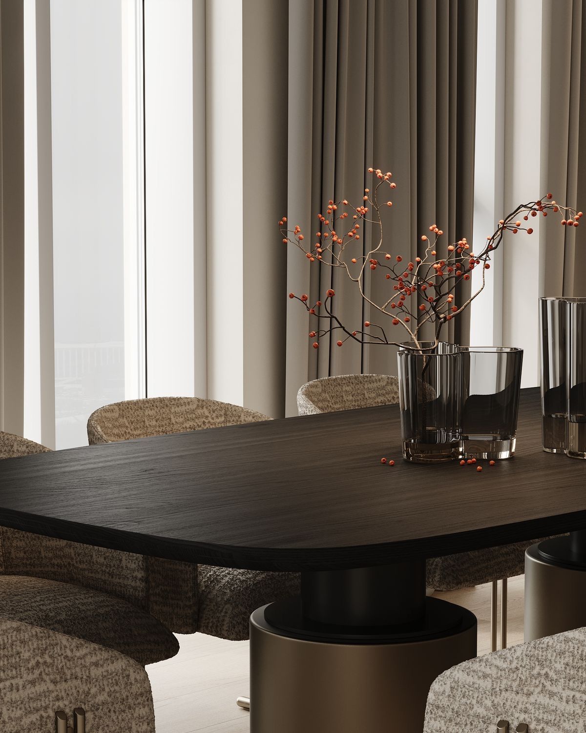 Living room with sofa, armchairs, TV, art, wood floors, and warm lighting.