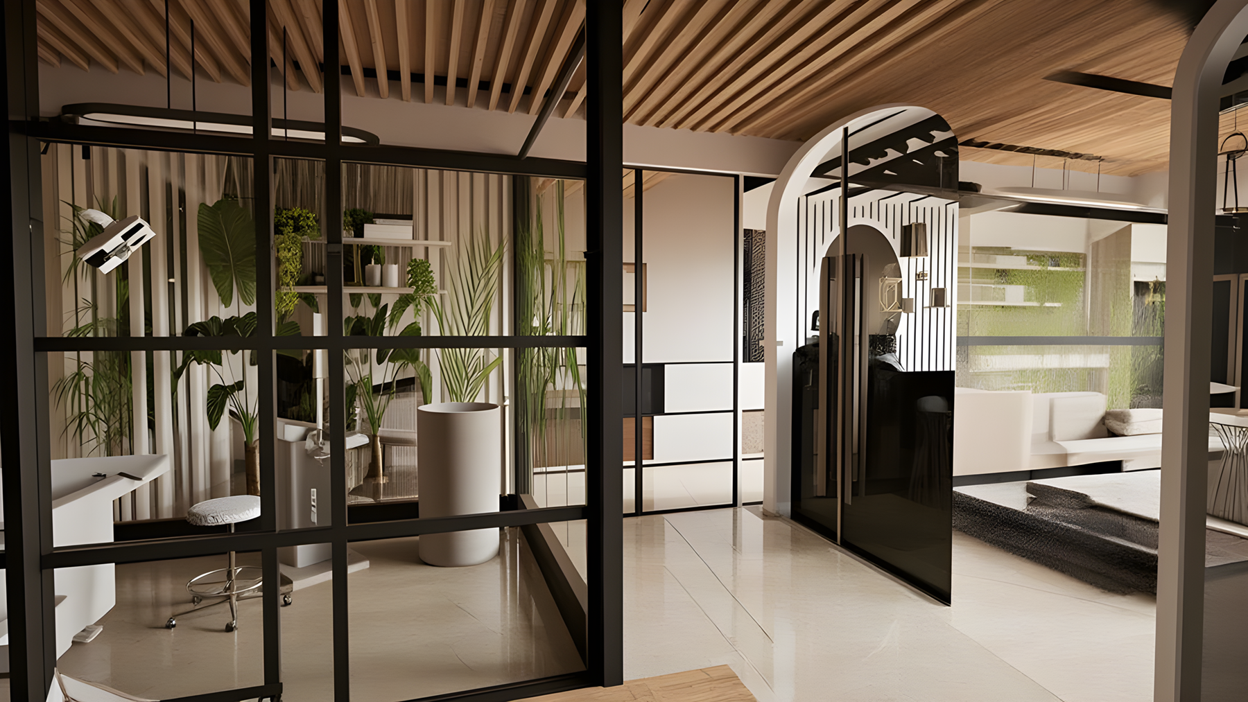 Modern office interior with glass walls, wood ceiling, and plants.