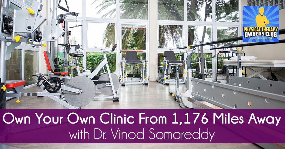 A gym with a banner that says own your own clinic from 1,176 miles away with dr vinod somareddy