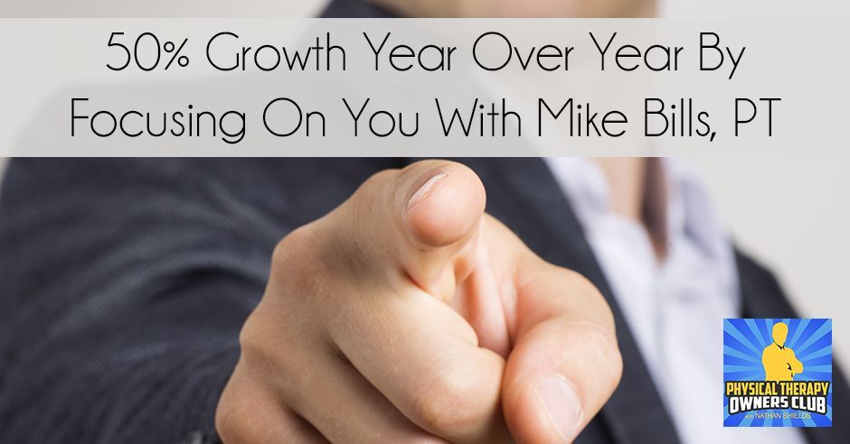 A man in a suit pointing at the camera with the words 50 % growth year over year by focusing on you with mike bills pt