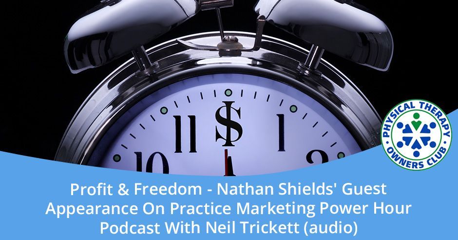 A picture of an alarm clock with the words profit & freedom nathan shields guest appearance on practice marketing power hour podcast with neil trickett